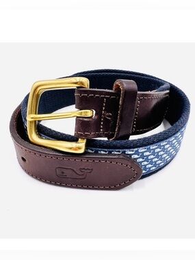 Vineyard Vines Whale Club Belt Canvas Leather Fabric Blue Size 28